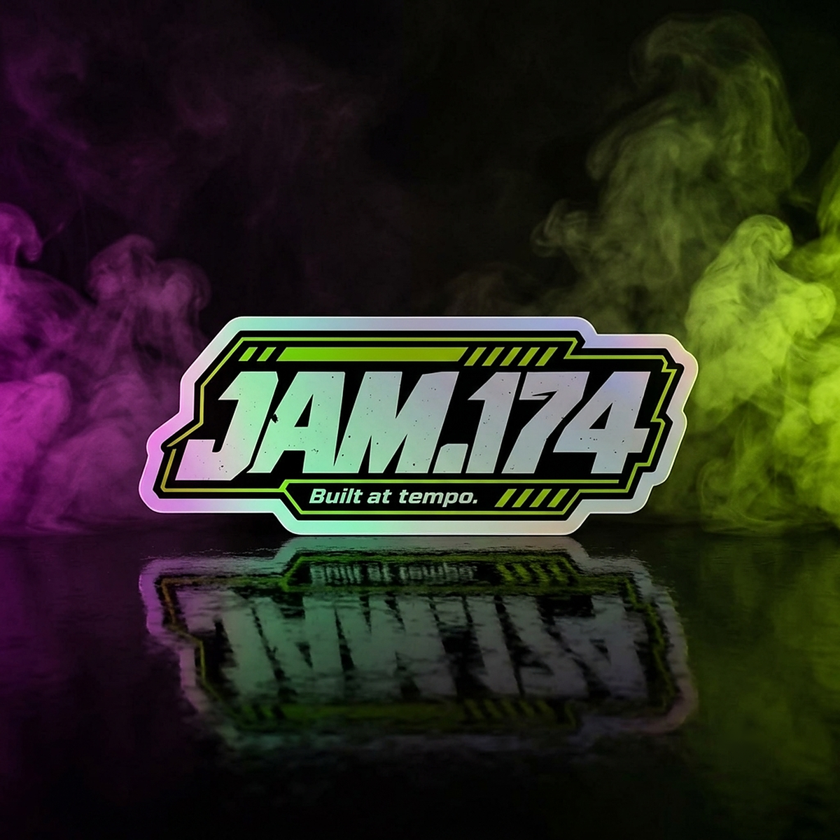 JAM.174 holographic wordmark sticker on smoke background