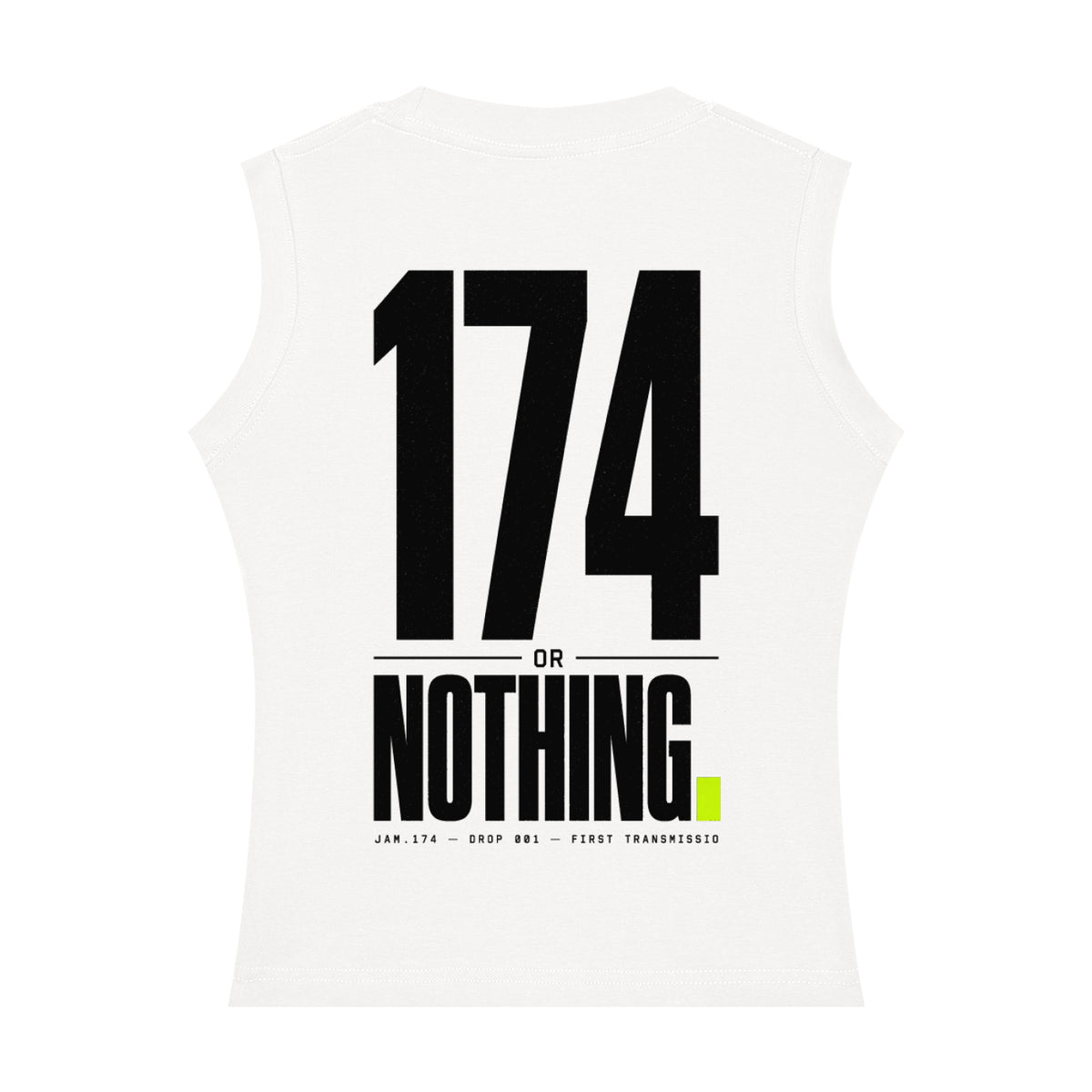 White women's tank top, back view, with large black "174 Or Nothing" print and a lime full stop