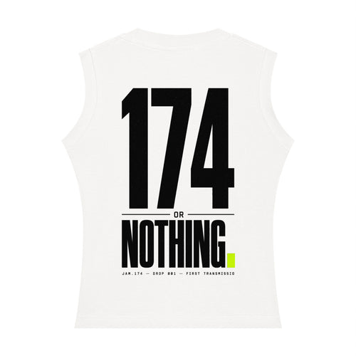 White women's tank top, back view, with large black "174 Or Nothing" print and a lime full stop