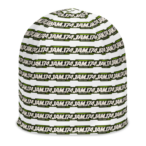 All-Over Print Beanie with JAM.174 wordmark in white, front view
