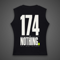 Black women's tank top, back view, with large white "174 Or Nothing" print and a lime full stop