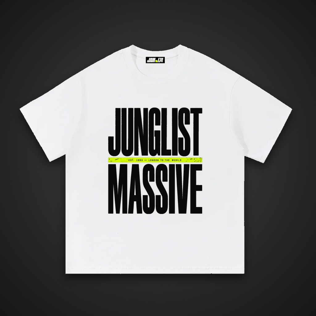 Junglist Massive Tee in white, front view on dark background