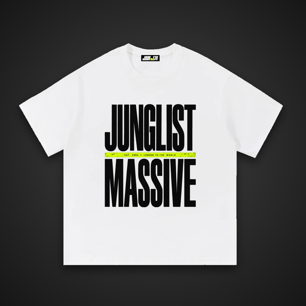 Junglist Massive Tee in white, front view on dark background