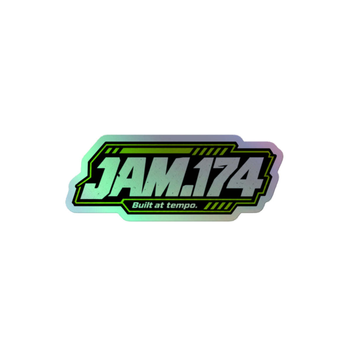 Holographic kiss-cut sticker with JAM.174 wordmark, 4x4 inch, front view