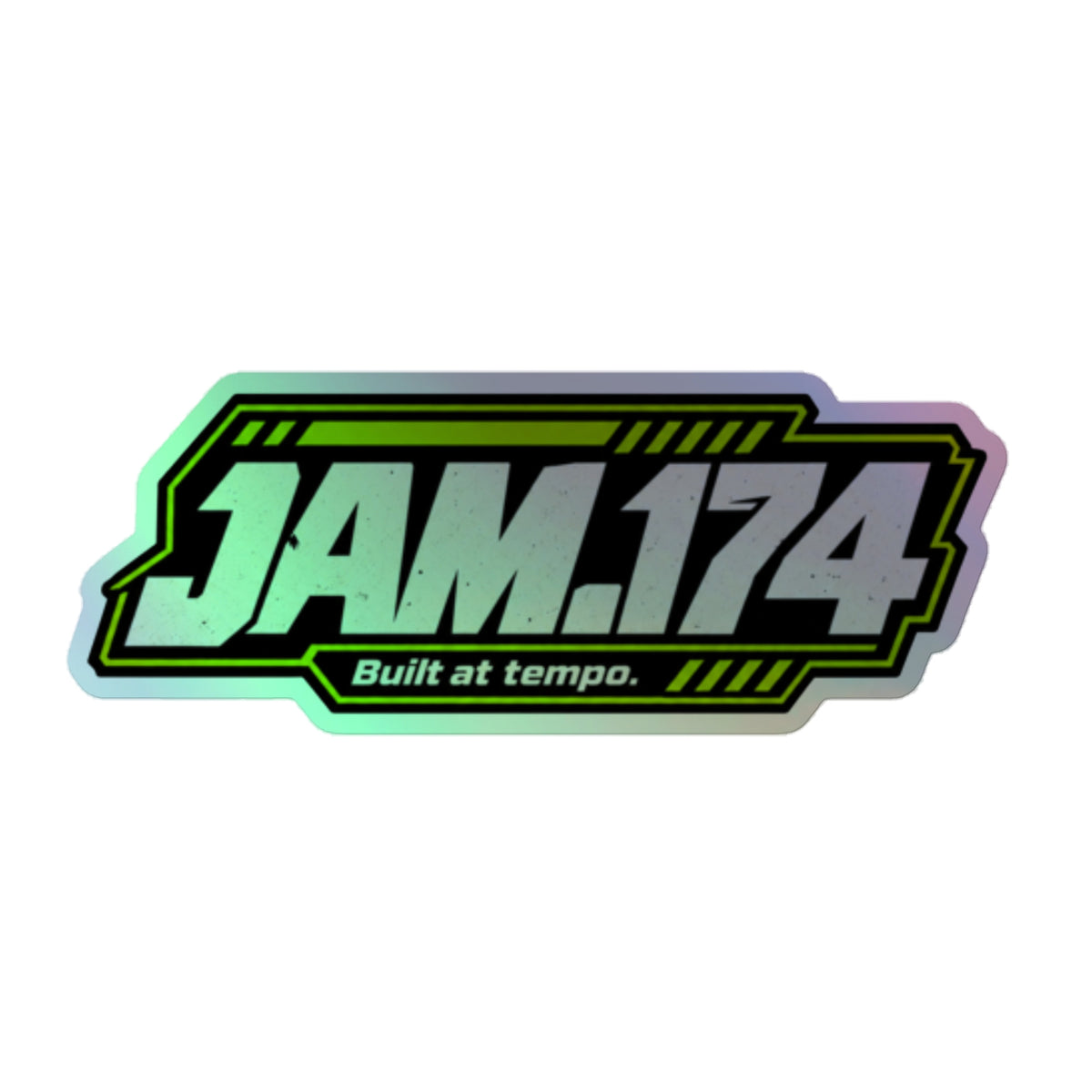 Holographic kiss-cut sticker with JAM.174 wordmark, 5.5x5.5 inch, front view