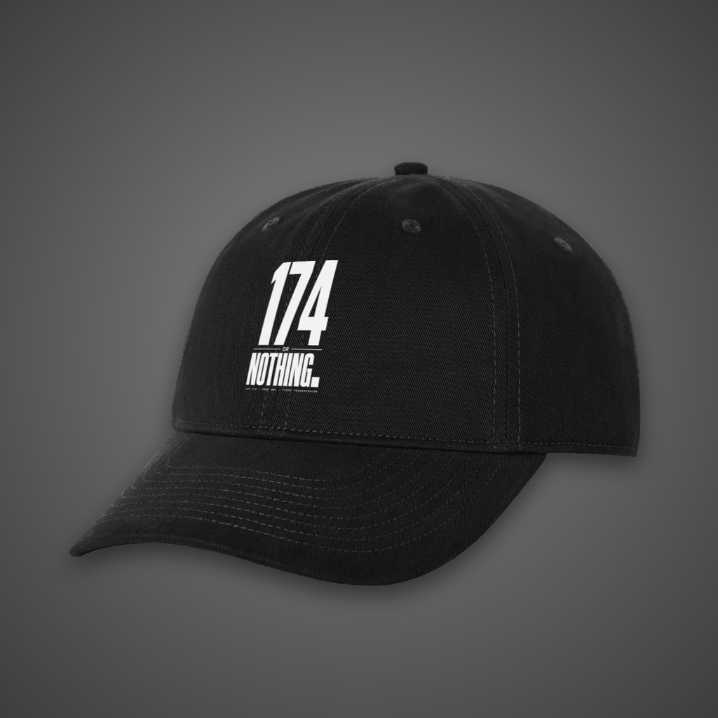 174 Or Nothing black dad hat, front view with printed graphic